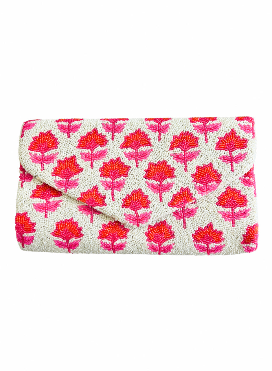 Hand beaded pink and orange block print floral trellis clutch