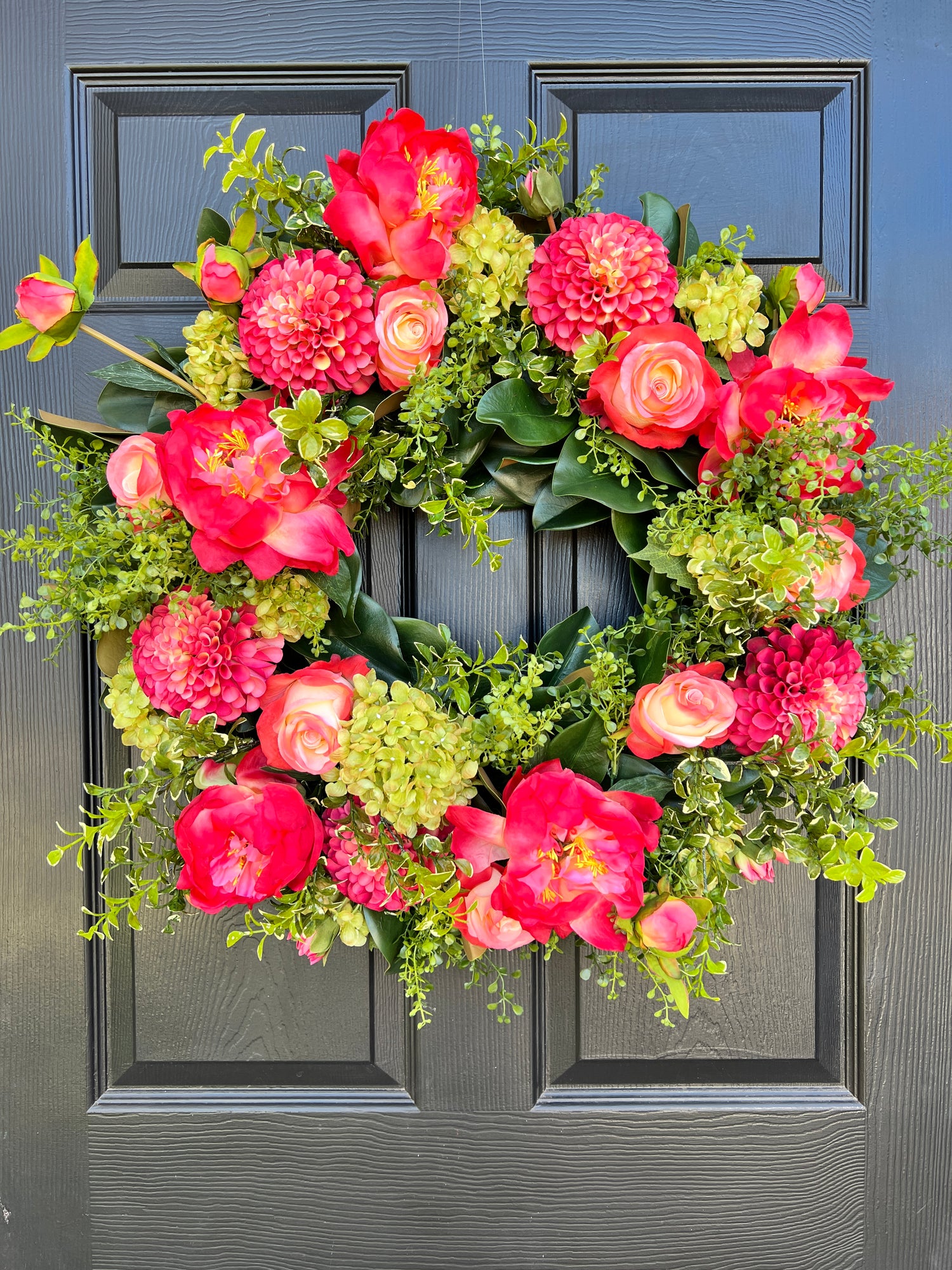 Coral and green Spring and Summer wreath with optional gingham dupioni ribbon