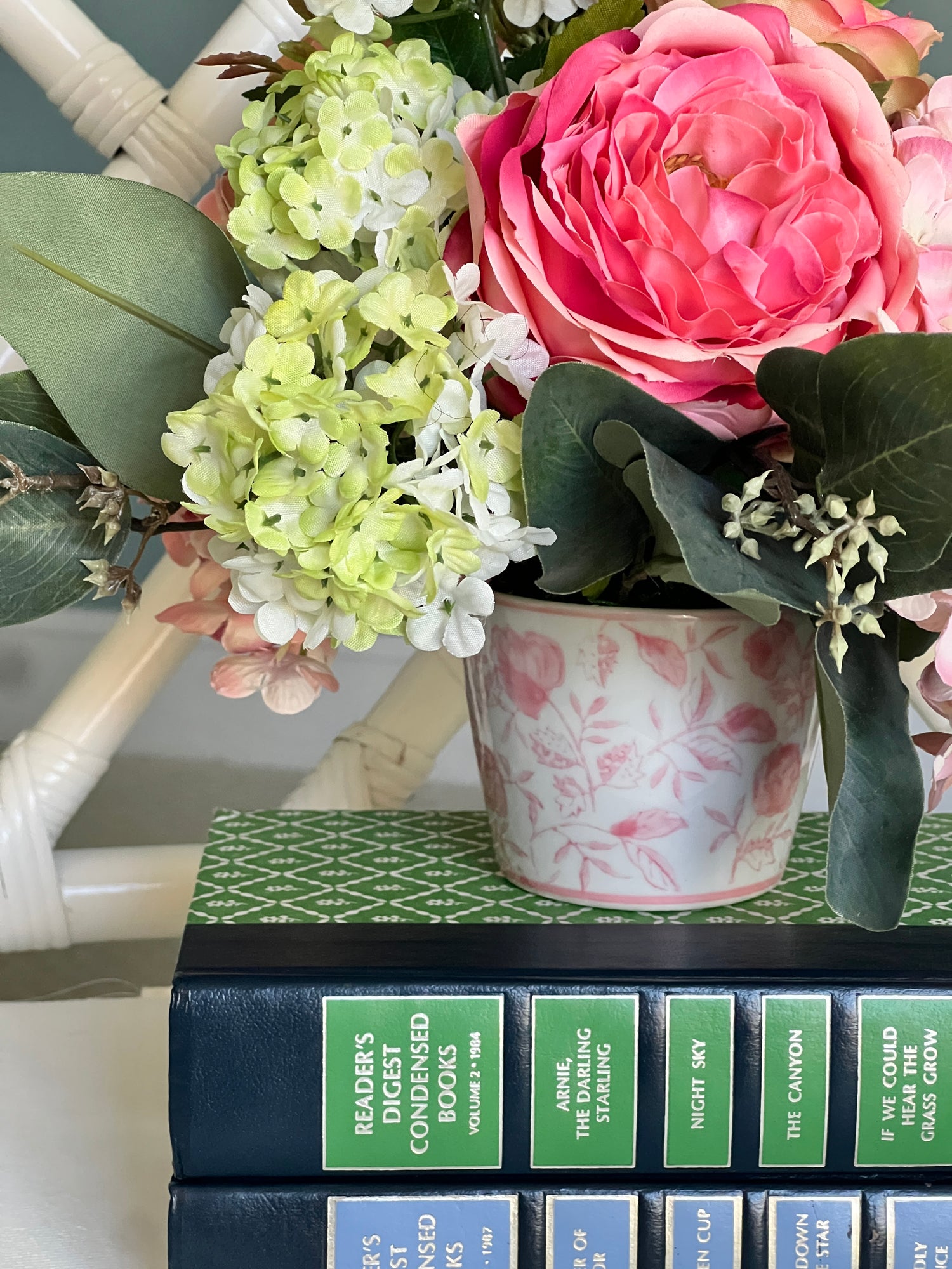 Petite faux floral arrangement, pink garden roses and hydrangeas in pink and white chinoiserie pot