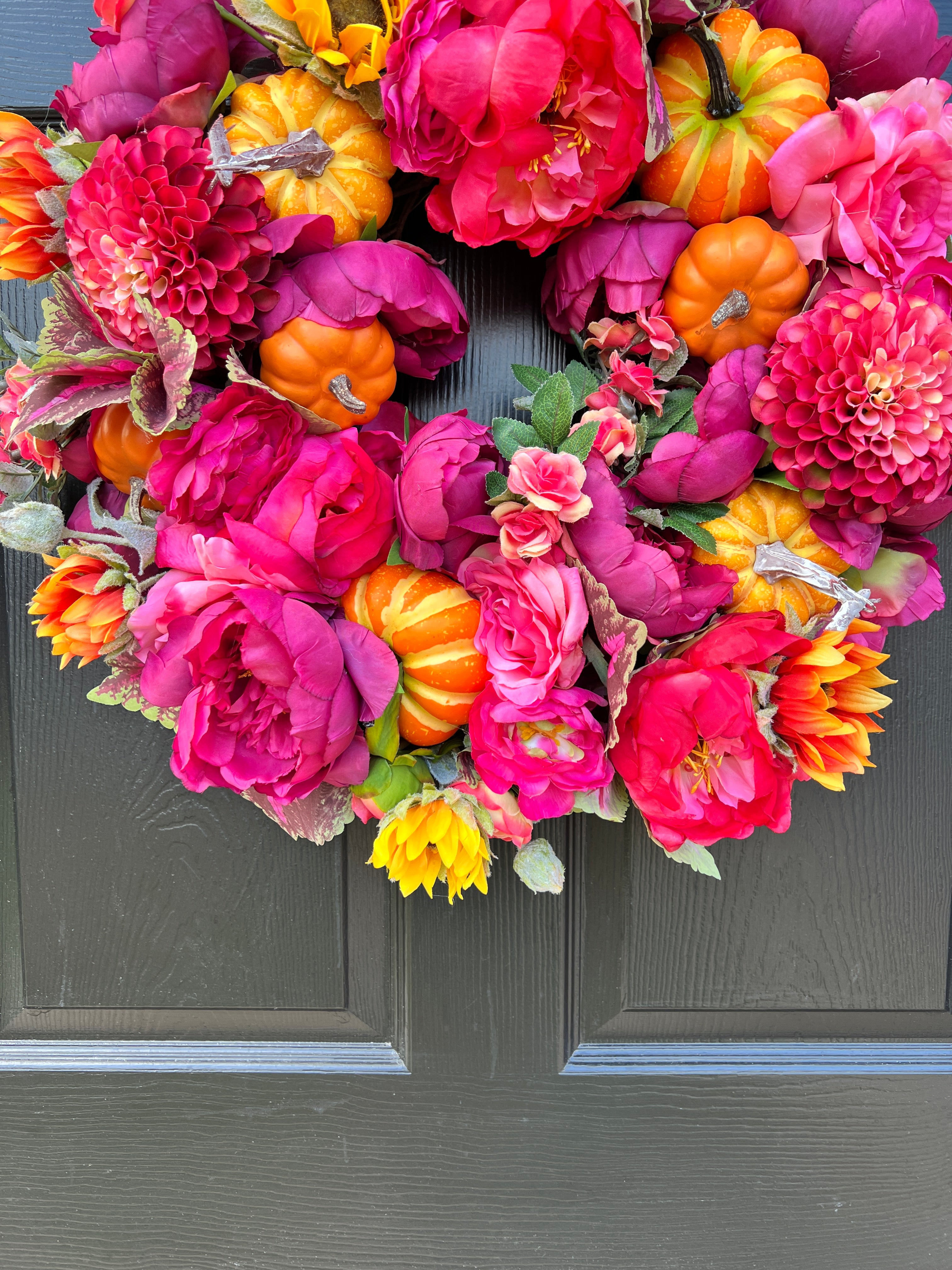 Pink and orange pumpkin Fall floral wreath