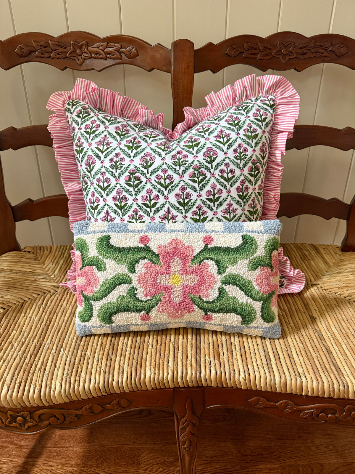 Spring floral tile lumbar pillow, hand hooked