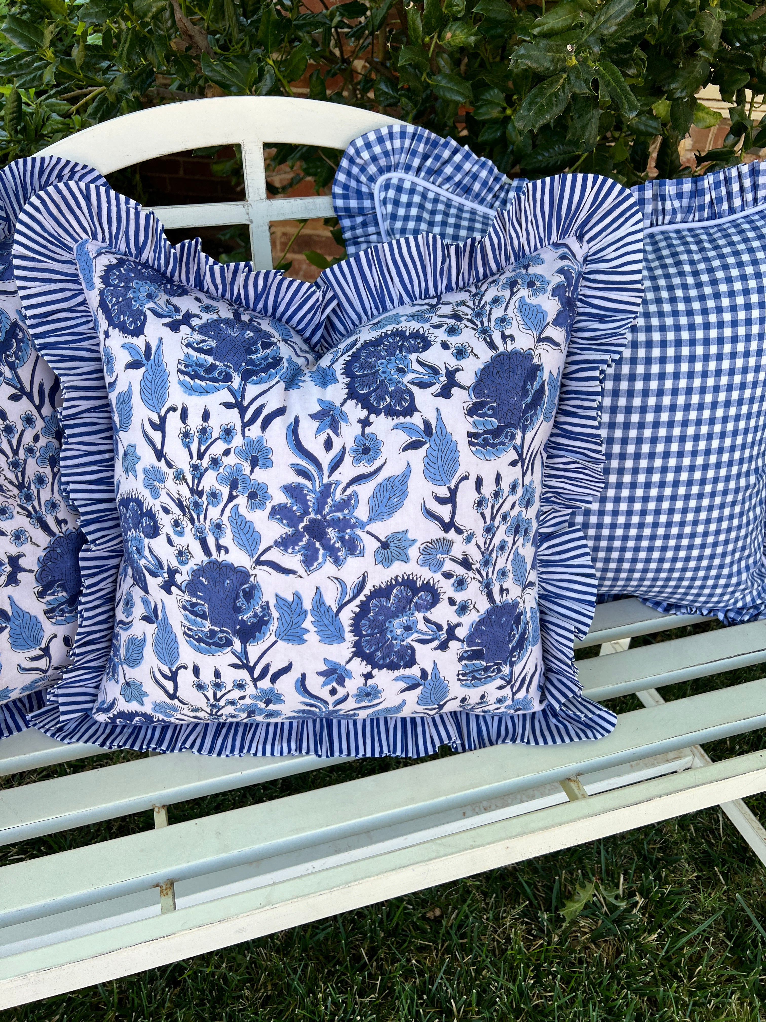 Blue and white block print floral ruffle pillow cover