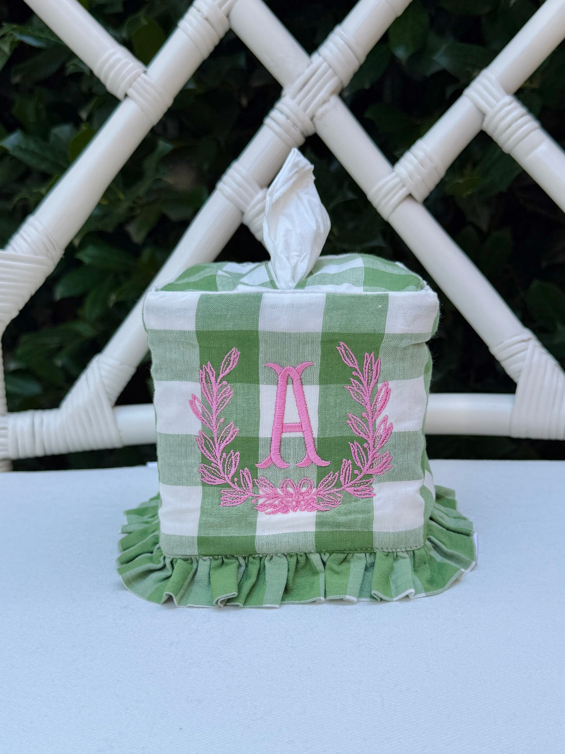 Fern green check ruffle tissue cover, custom monogram available
