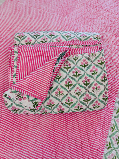 Hot pink and green floral trellis block print bedding collection