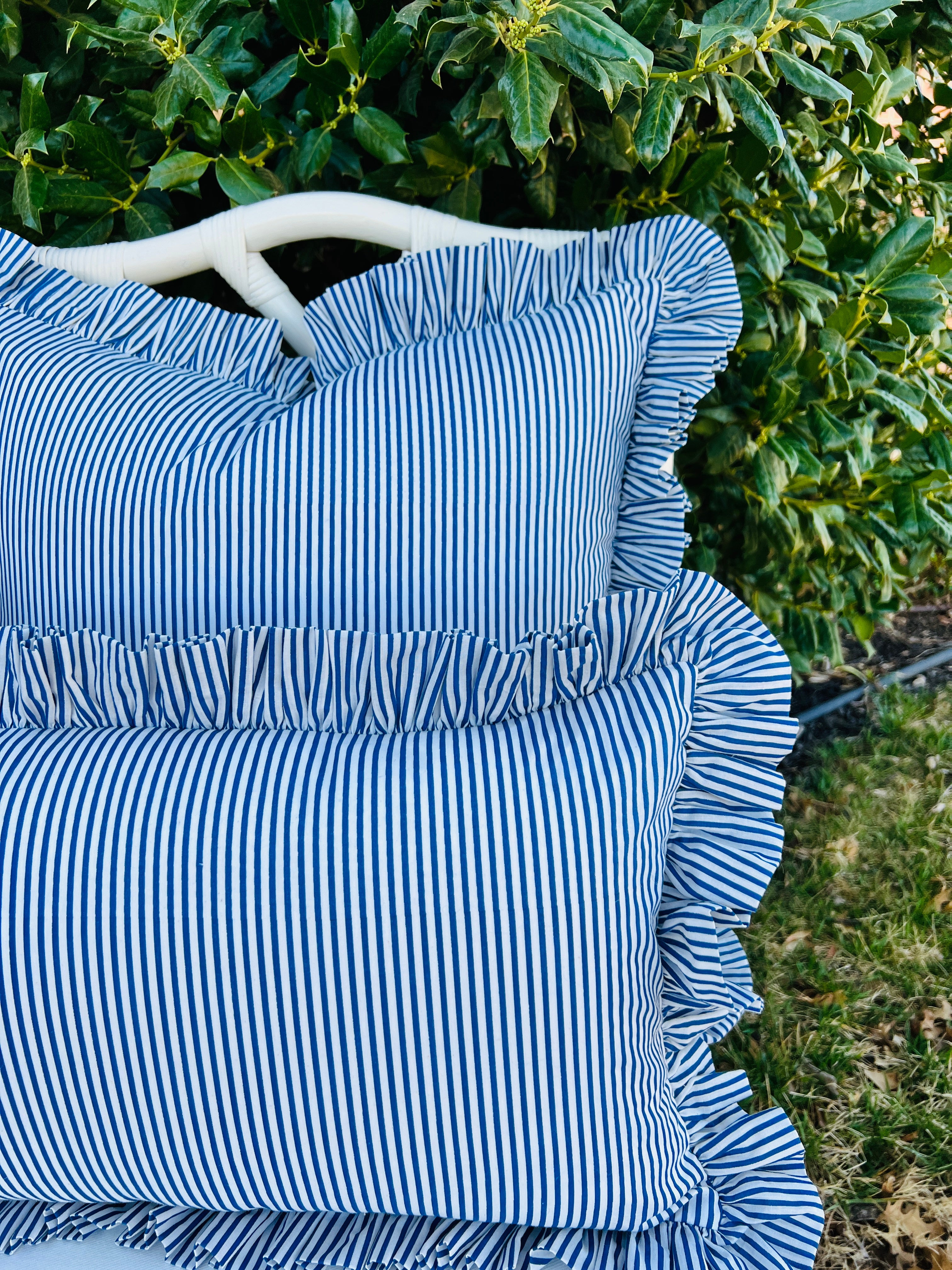 Blue striped ruffle pillow cover, two sizes