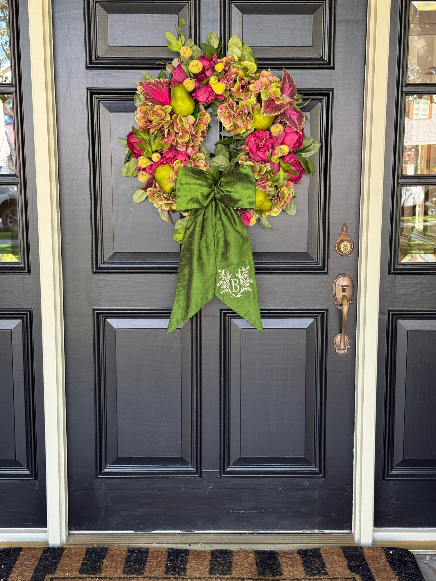 Magenta and pear green hydrangea and coleus floral wreath