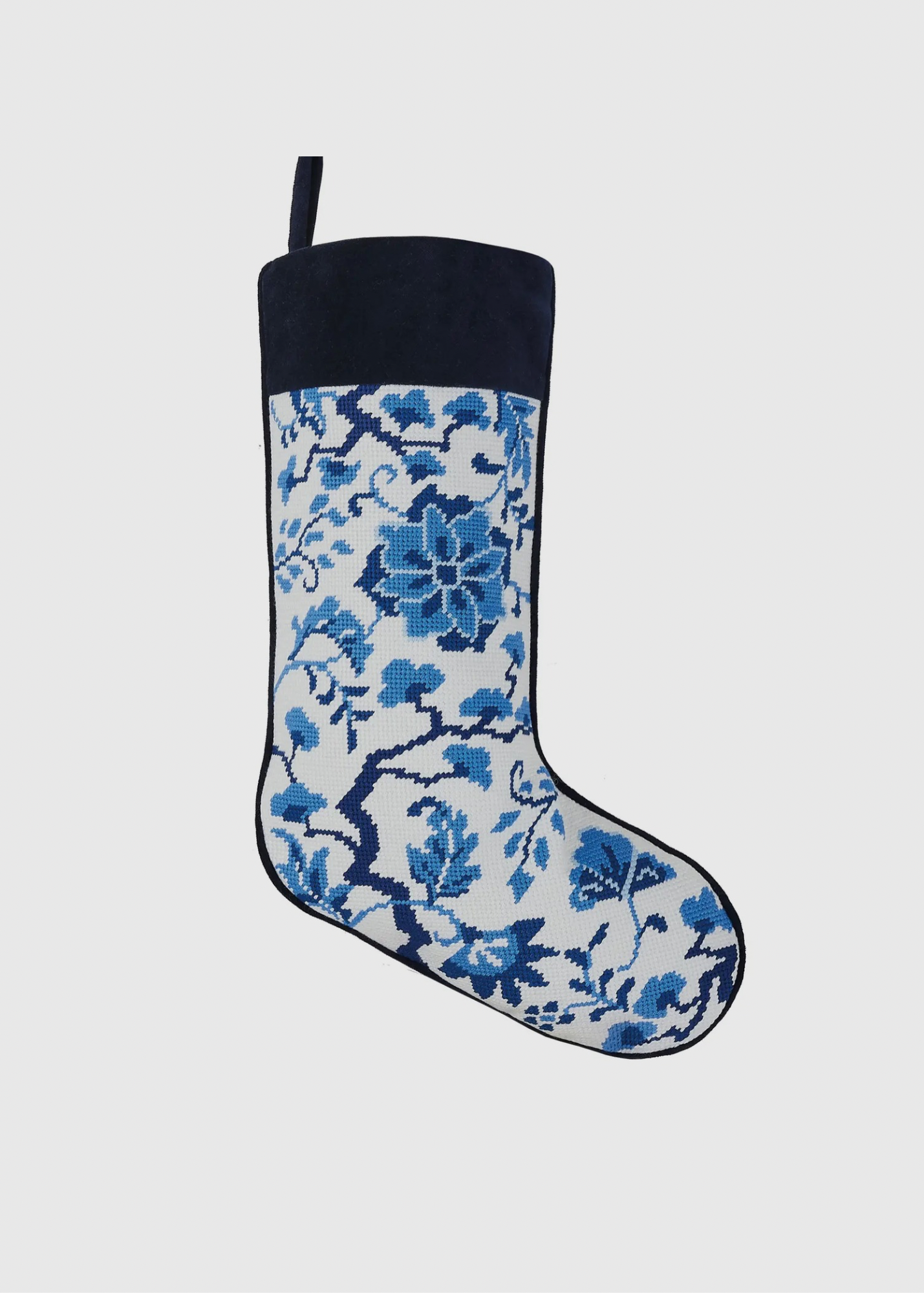 Chinoiserie flowers blue and white needlepoint stocking