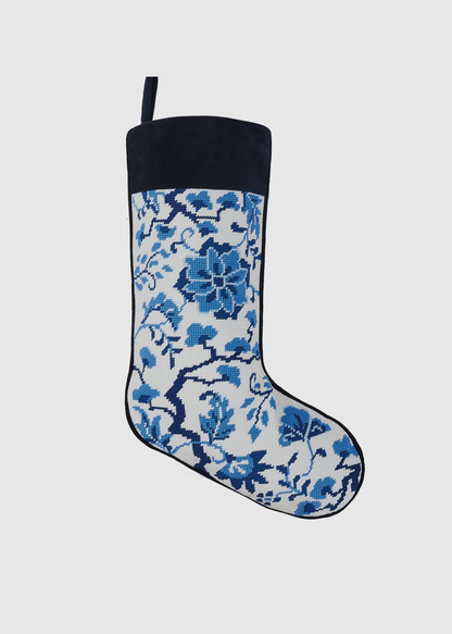 Chinoiserie flowers blue and white needlepoint stocking