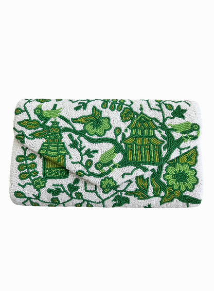 Hand beaded green and white chinoiserie clutch