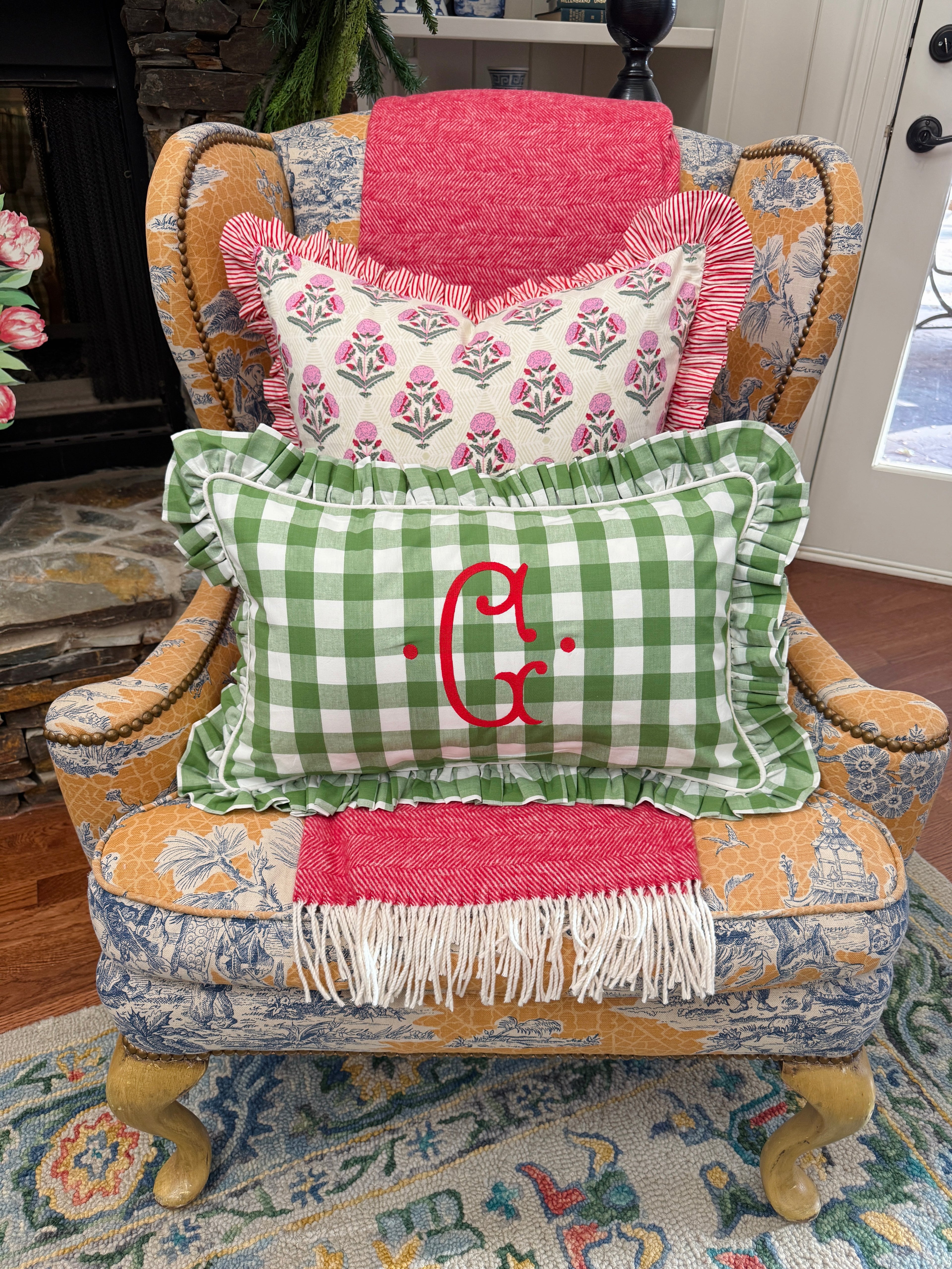 Fern green check pillow cover with ruffle trim, monogram available