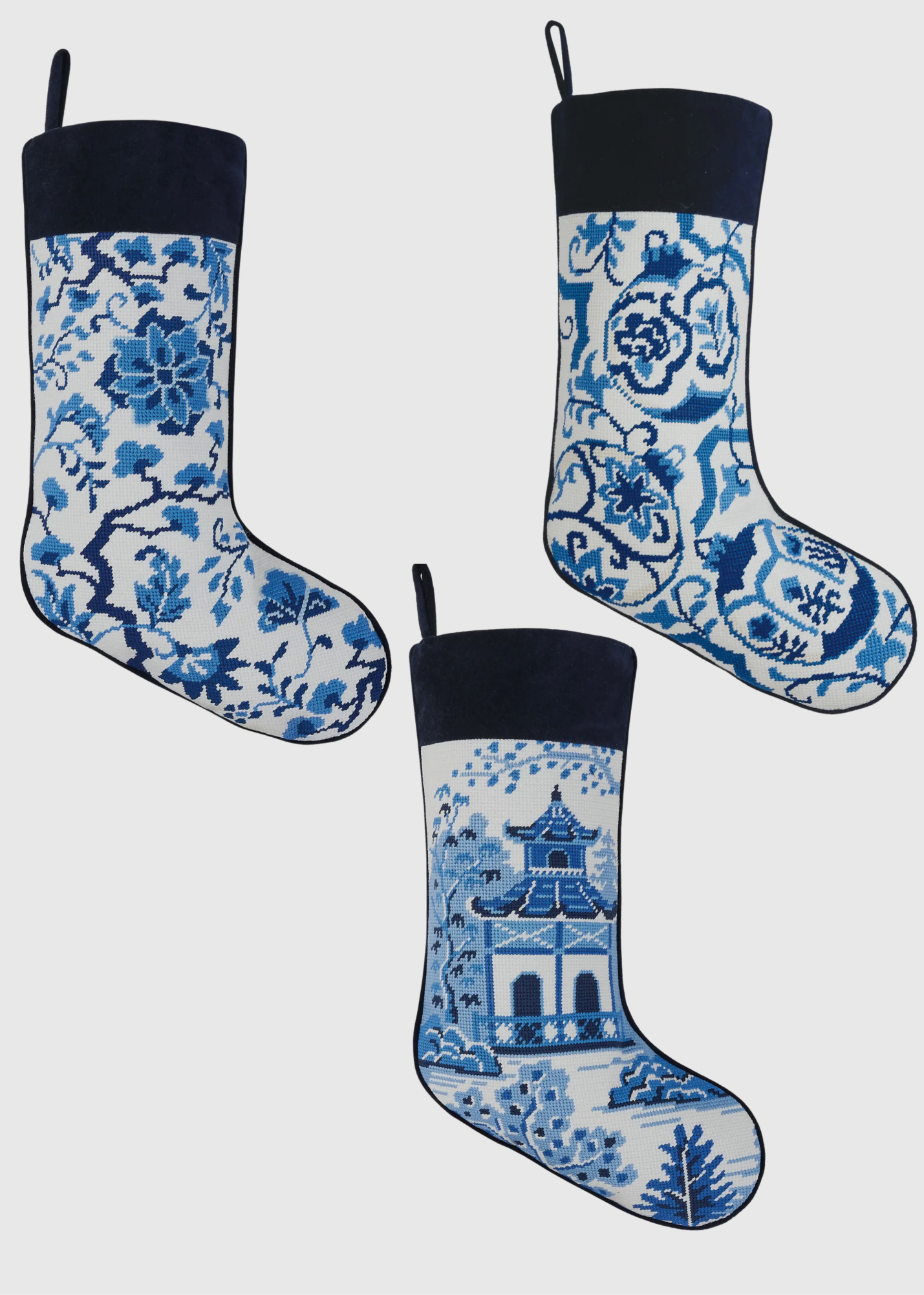 Chinoiserie pagoda blue and white needlepoint stocking