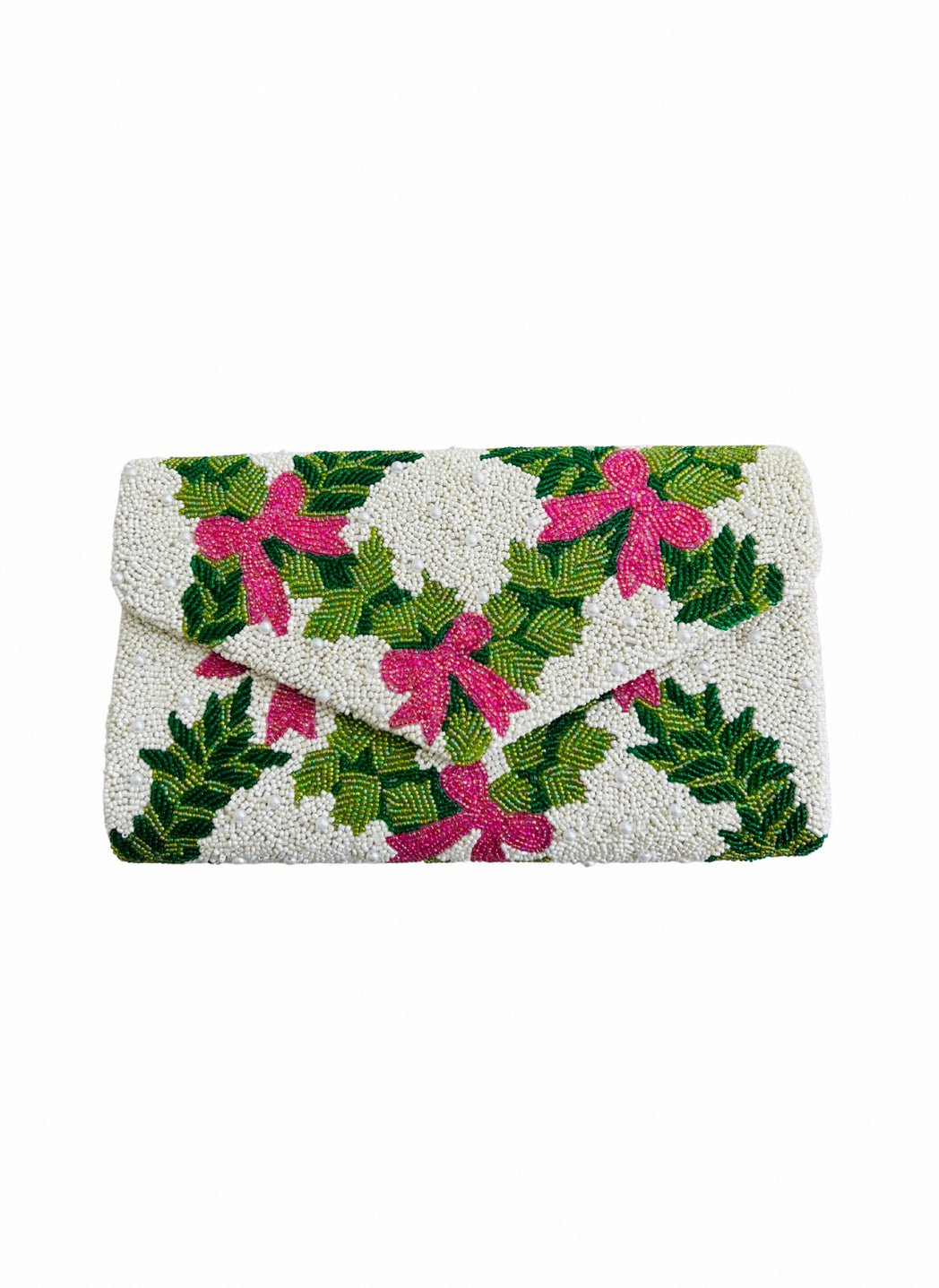 Hand beaded pink bows and green trellis clutch