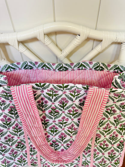 Pink and green quilted block print oversized tote bag monogram available