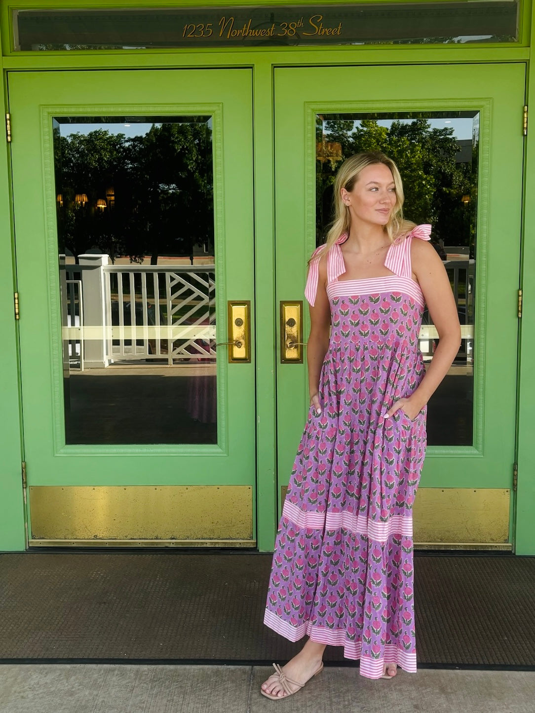 Maisie Maxi Dress in Pink Posey block print