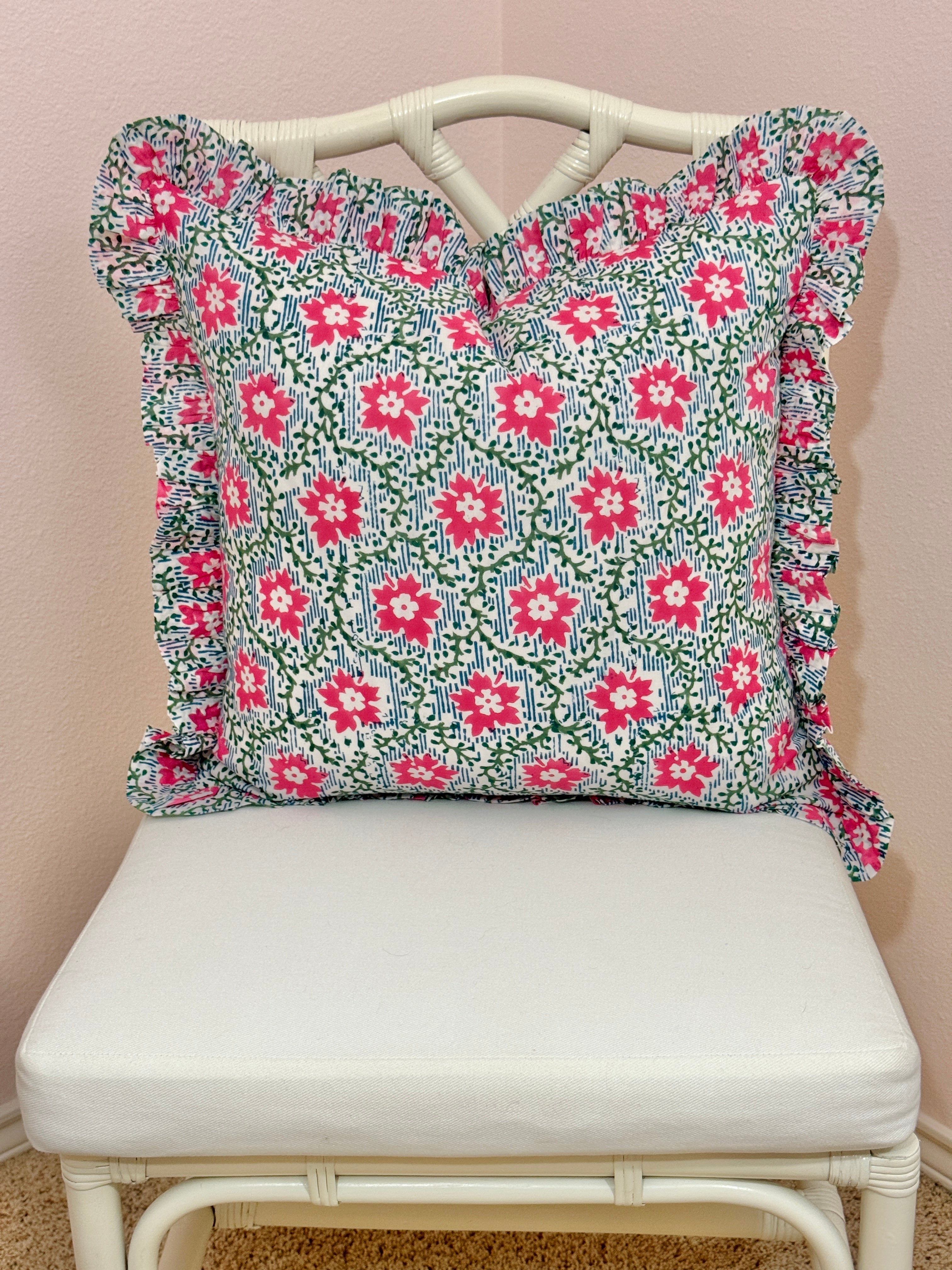 Pink blossom block print floral pillow cover
