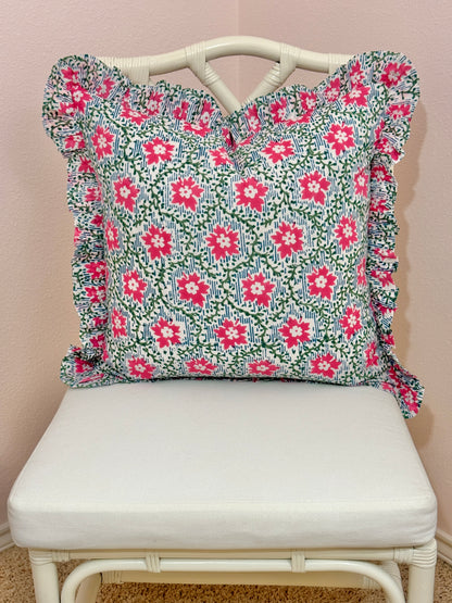 Pink blossom block print floral pillow cover