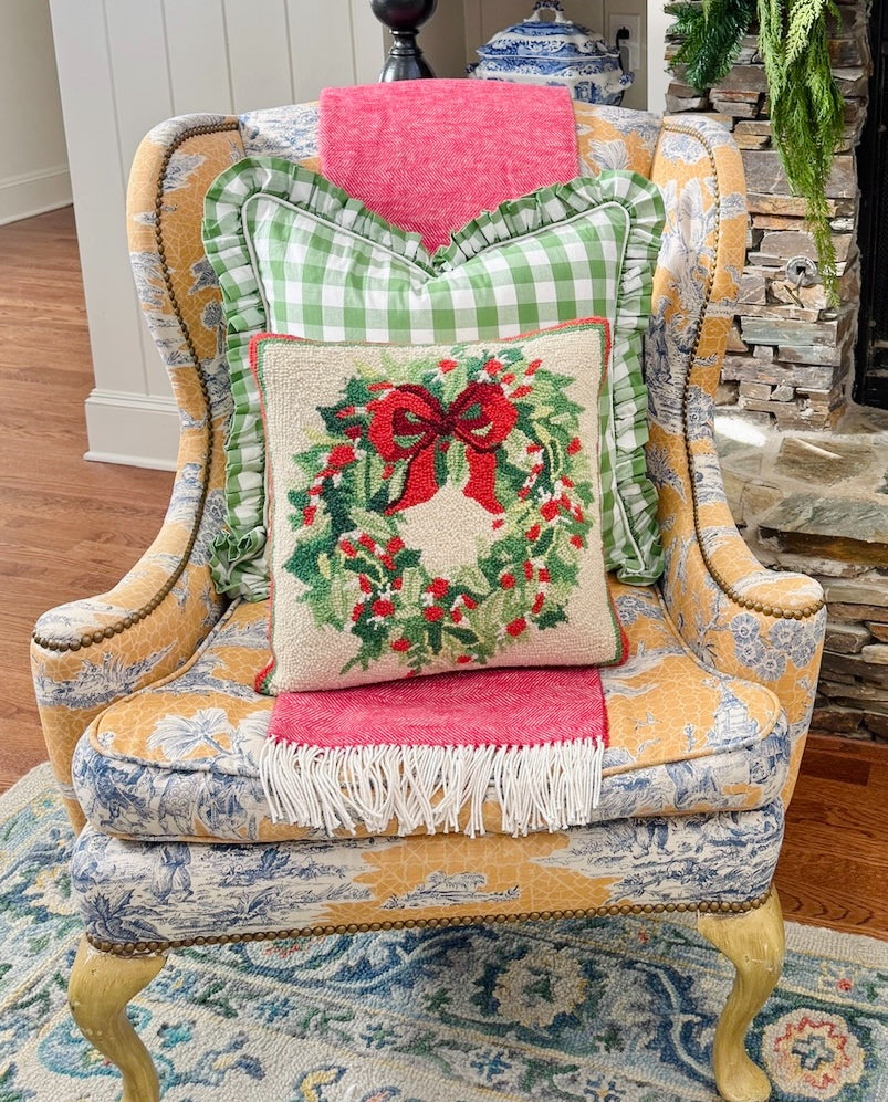 Holiday wreath with bow hand hooked pillow