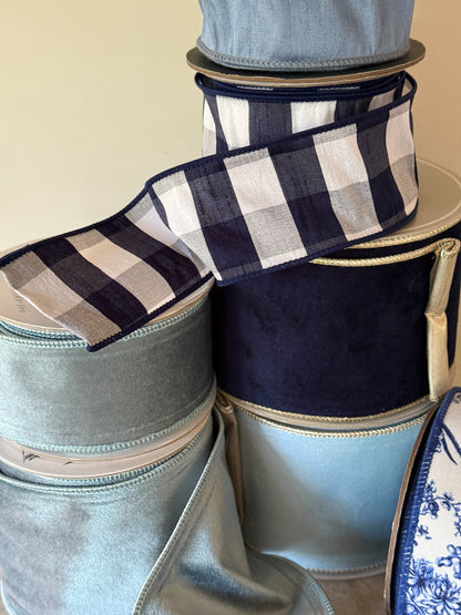 Navy velvet ribbon with gold backing, 4” wide x 10 yards