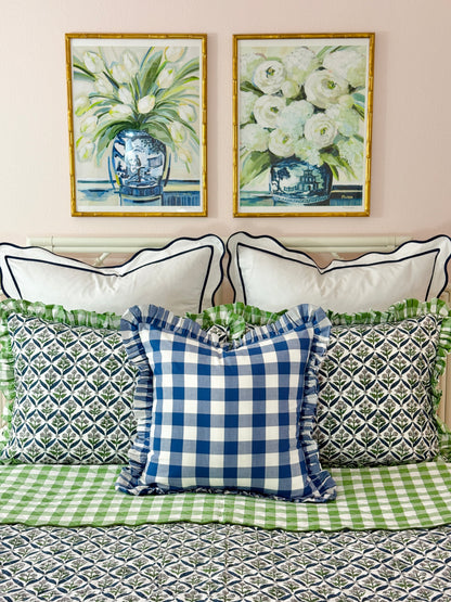 Blue buffalo check ruffle pillow cover