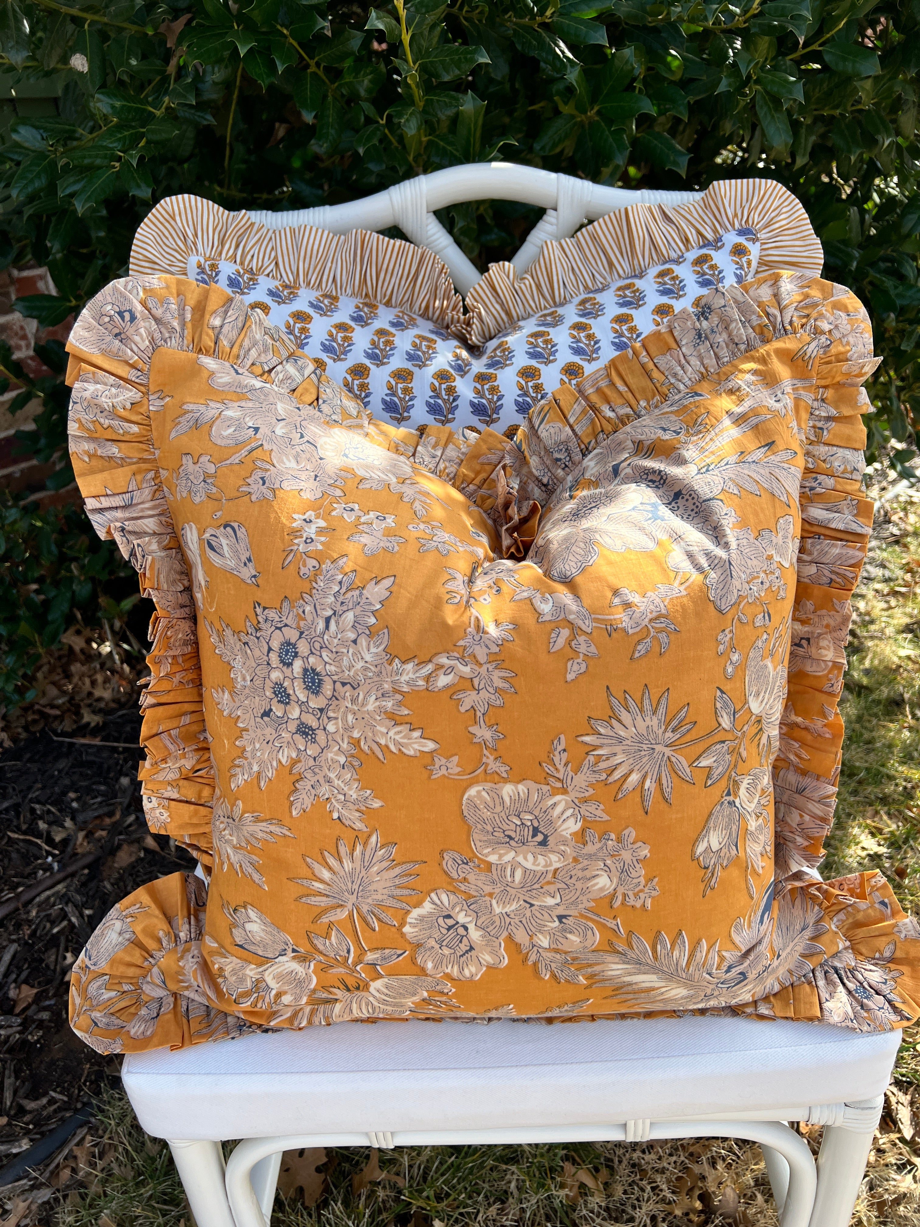 Mustard yellow floral toile pillow cover with ruffle trim