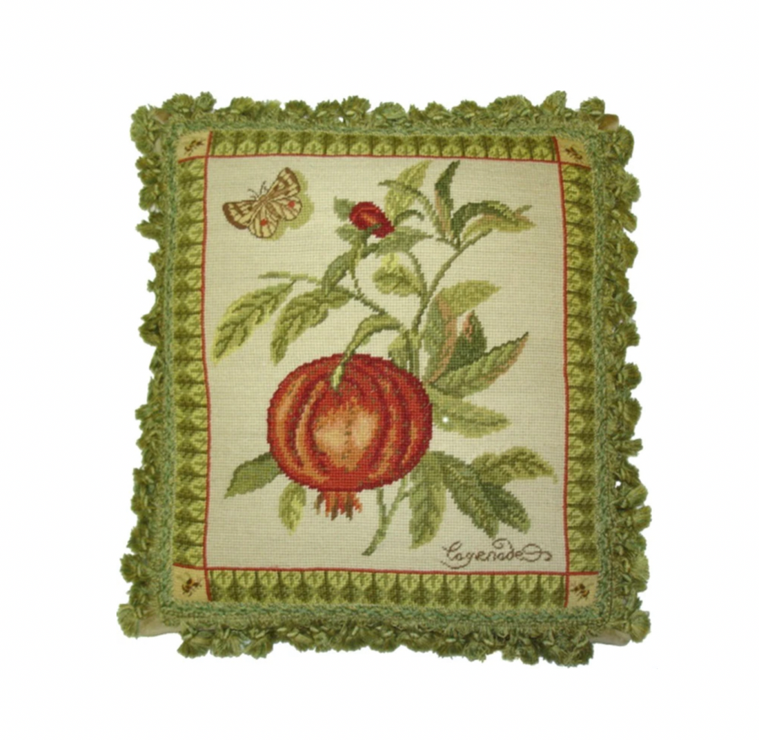 Pomegranate and butterfly needlepoint pillow