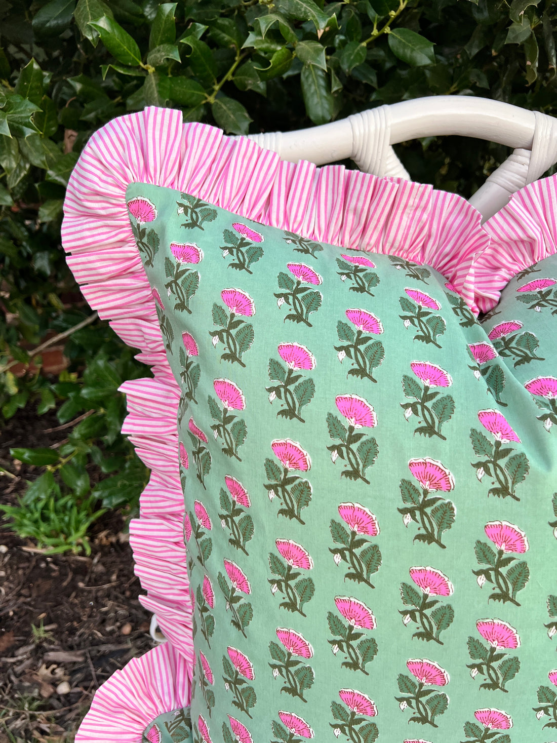 Green and pink floral block print ruffle pillow cover