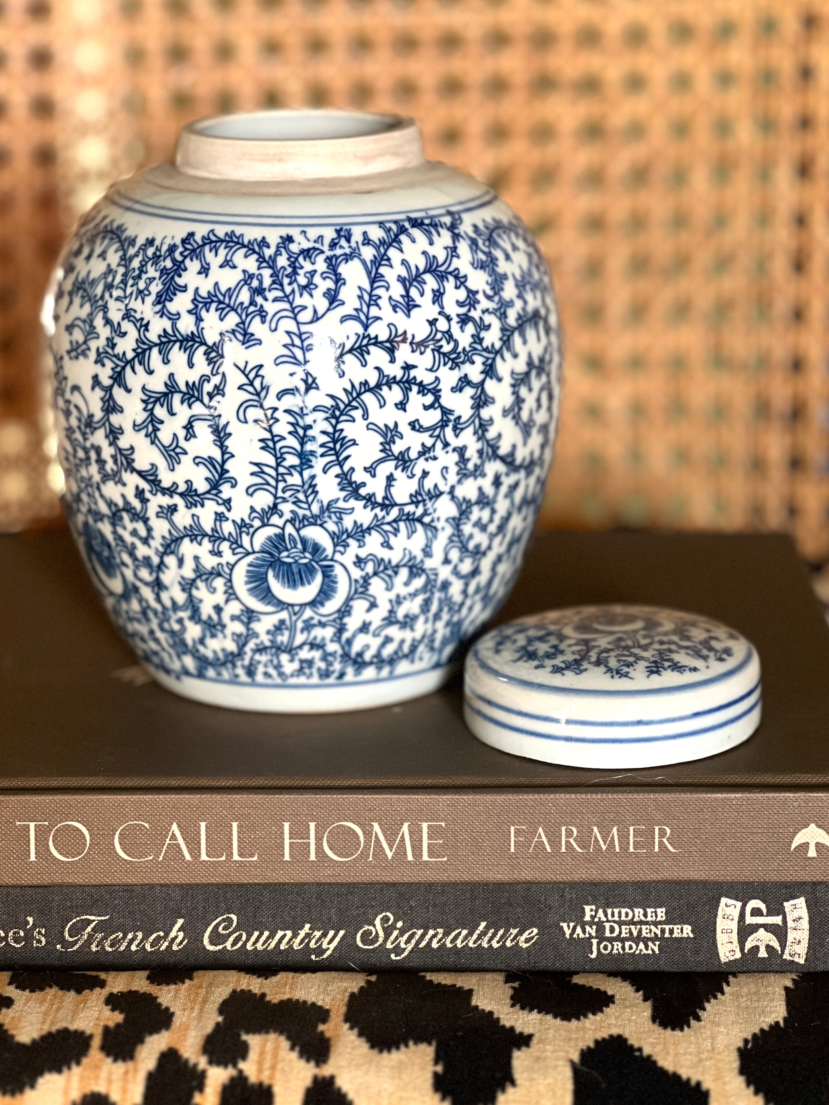 Blue and white Chinoiserie scrolling peony jar
