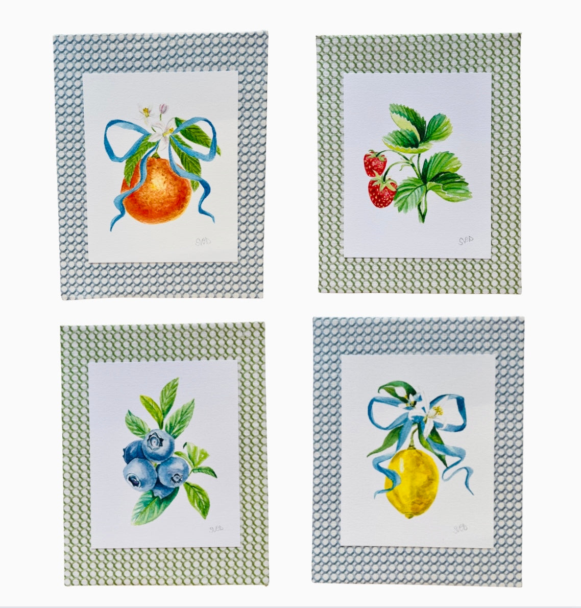 Sarah Drayton fruit art prints with fabric covered mat