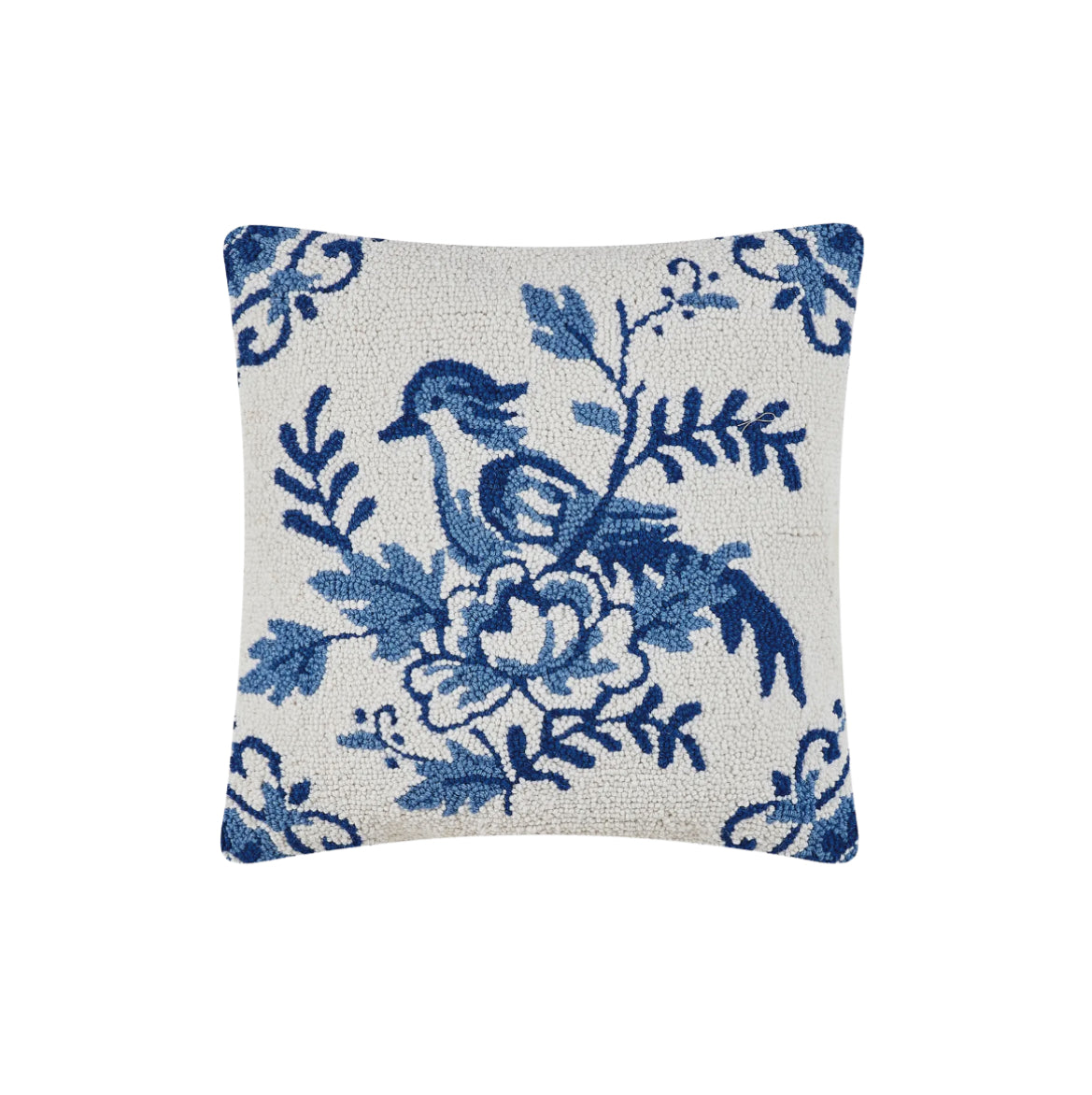 Hand hooked blue and white bird pillow