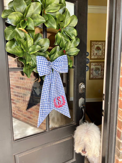 Blue and white gingham wreath bow sash custom monogram available