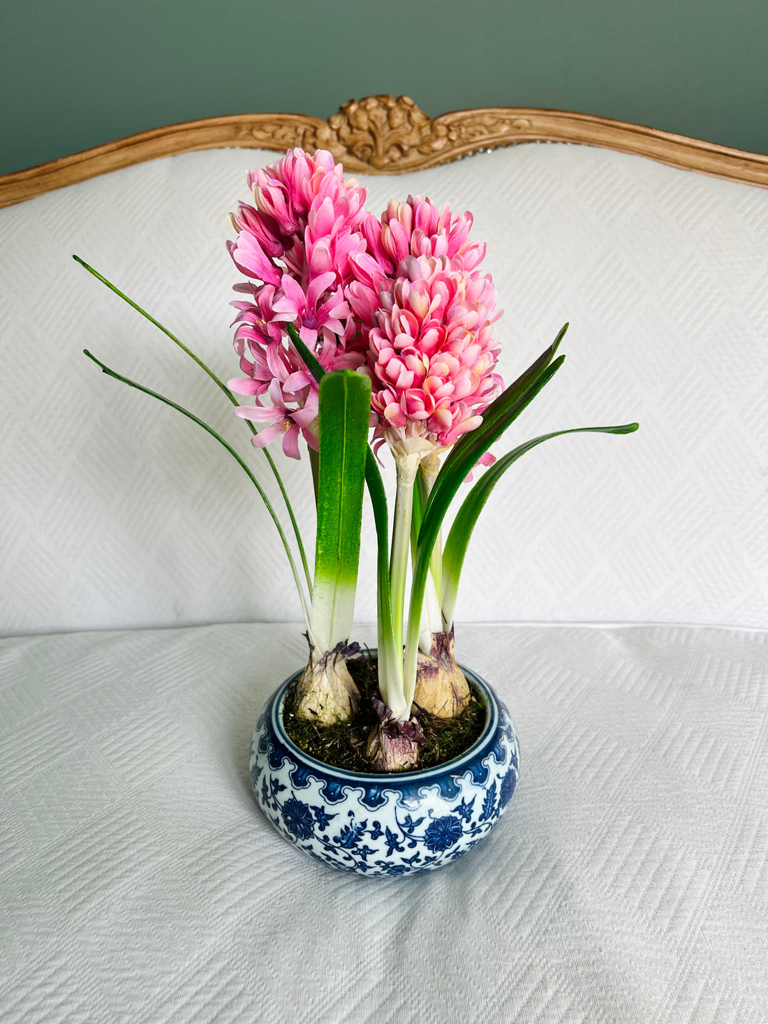 Faux Hyacinth bulbs in blue and white chinoiserie planter