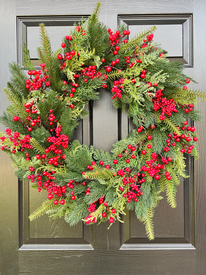 Holiday red berry and pinecone wreath 28”