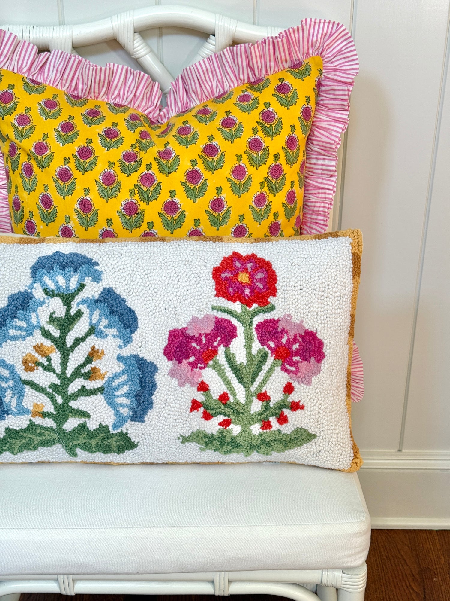 Mughal pink and blue flower hand hooked lumbar pillow