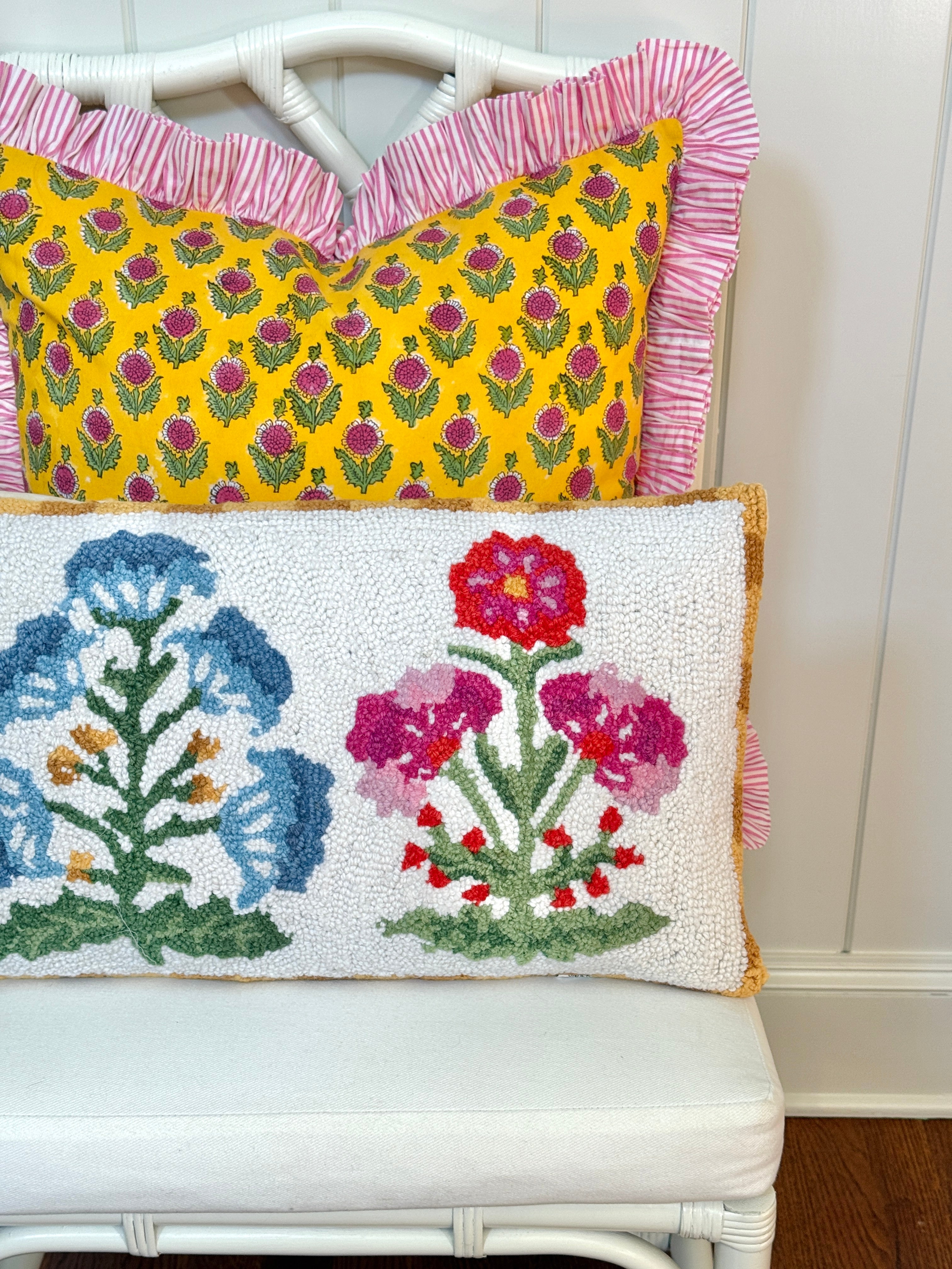 Mughal pink and blue flower hand hooked lumbar pillow