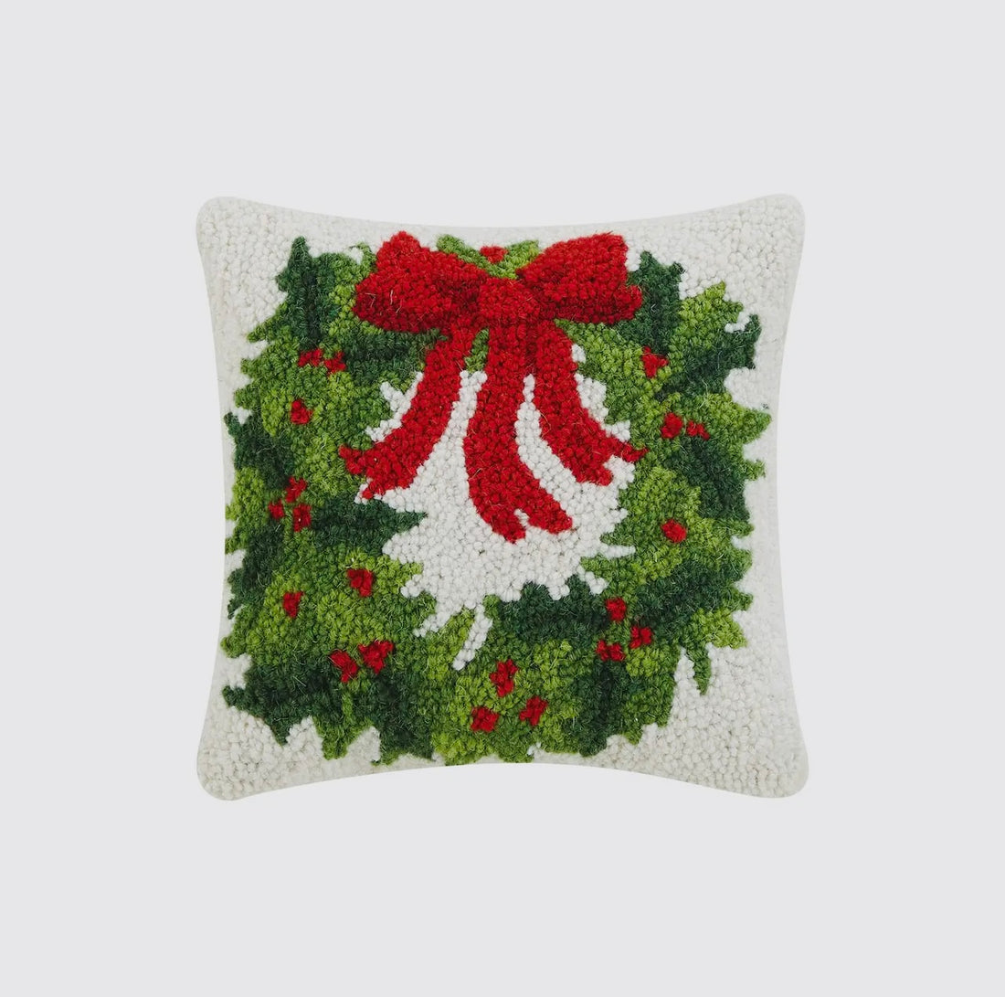 Little holiday wreath hand hooked pillow