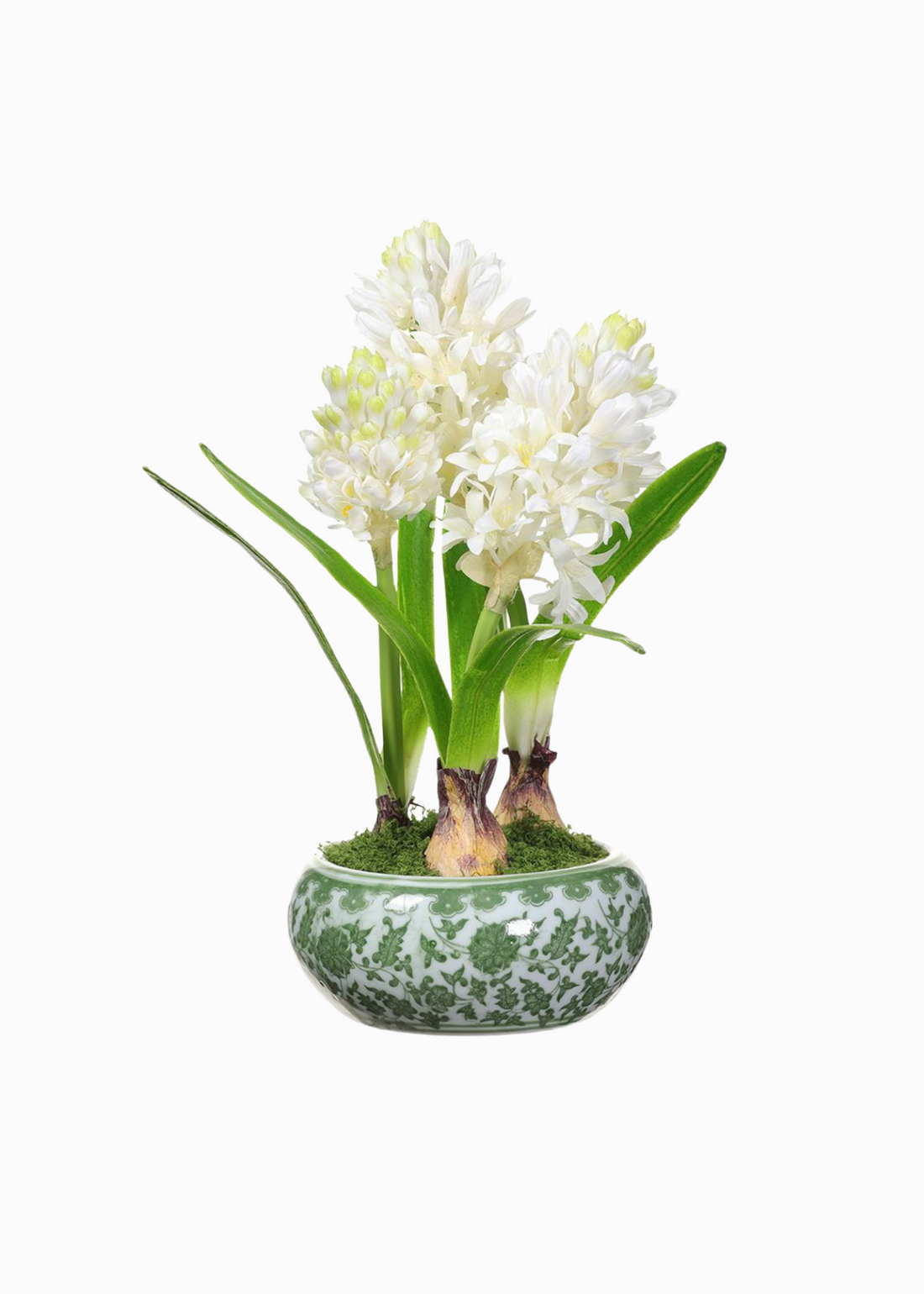 Faux Hyacinth bulbs in green and white chinoiserie planter