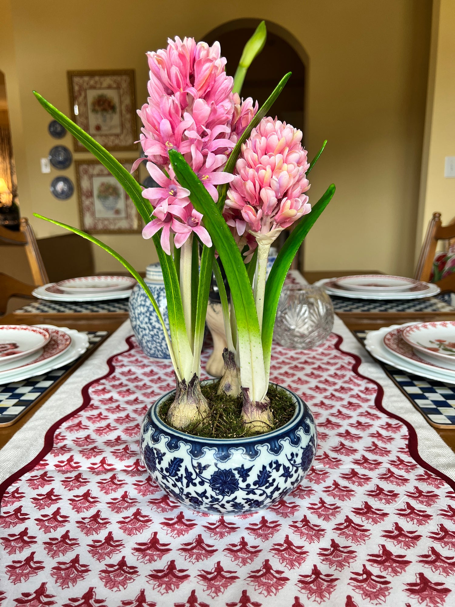 Faux Hyacinth bulbs in blue and white chinoiserie planter