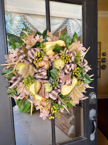 Pumpkin, gourd, and antler Fall wreath