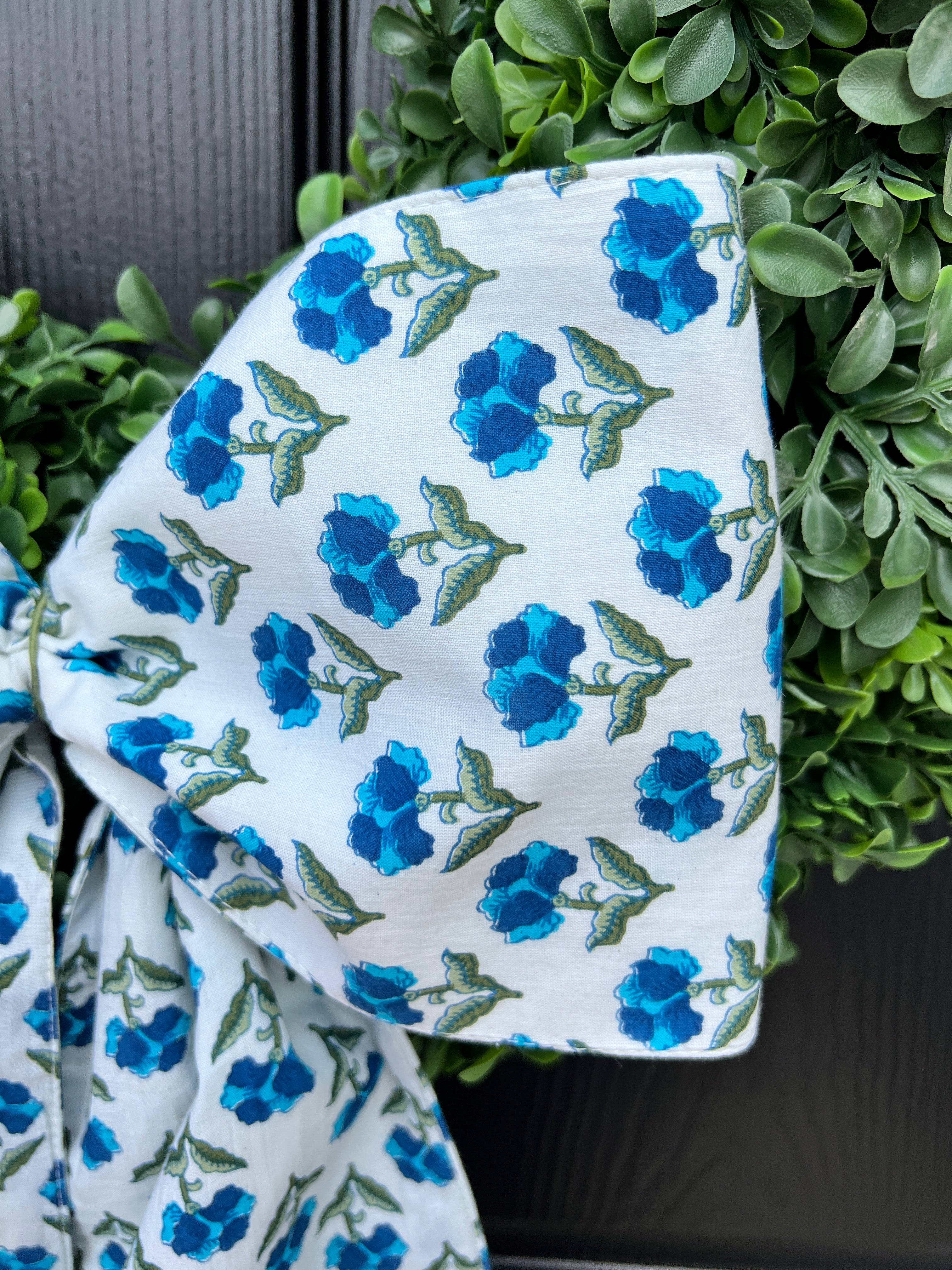 Green and blue floral block print wreath sash, custom monogram available