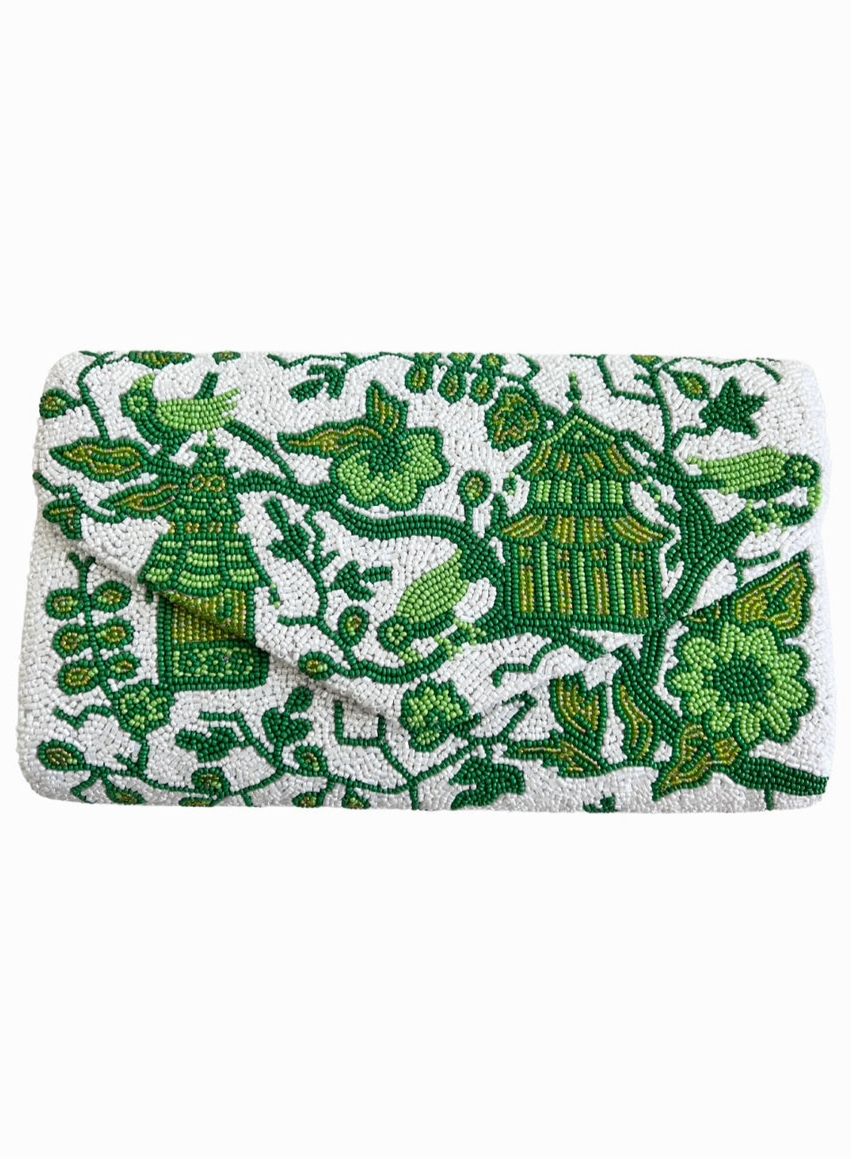 Hand beaded green and white chinoiserie clutch