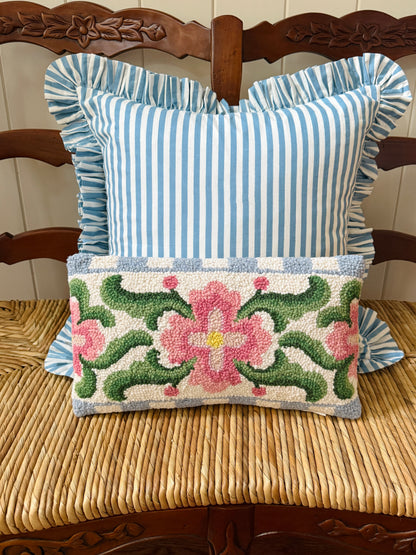 Spring floral tile lumbar pillow, hand hooked