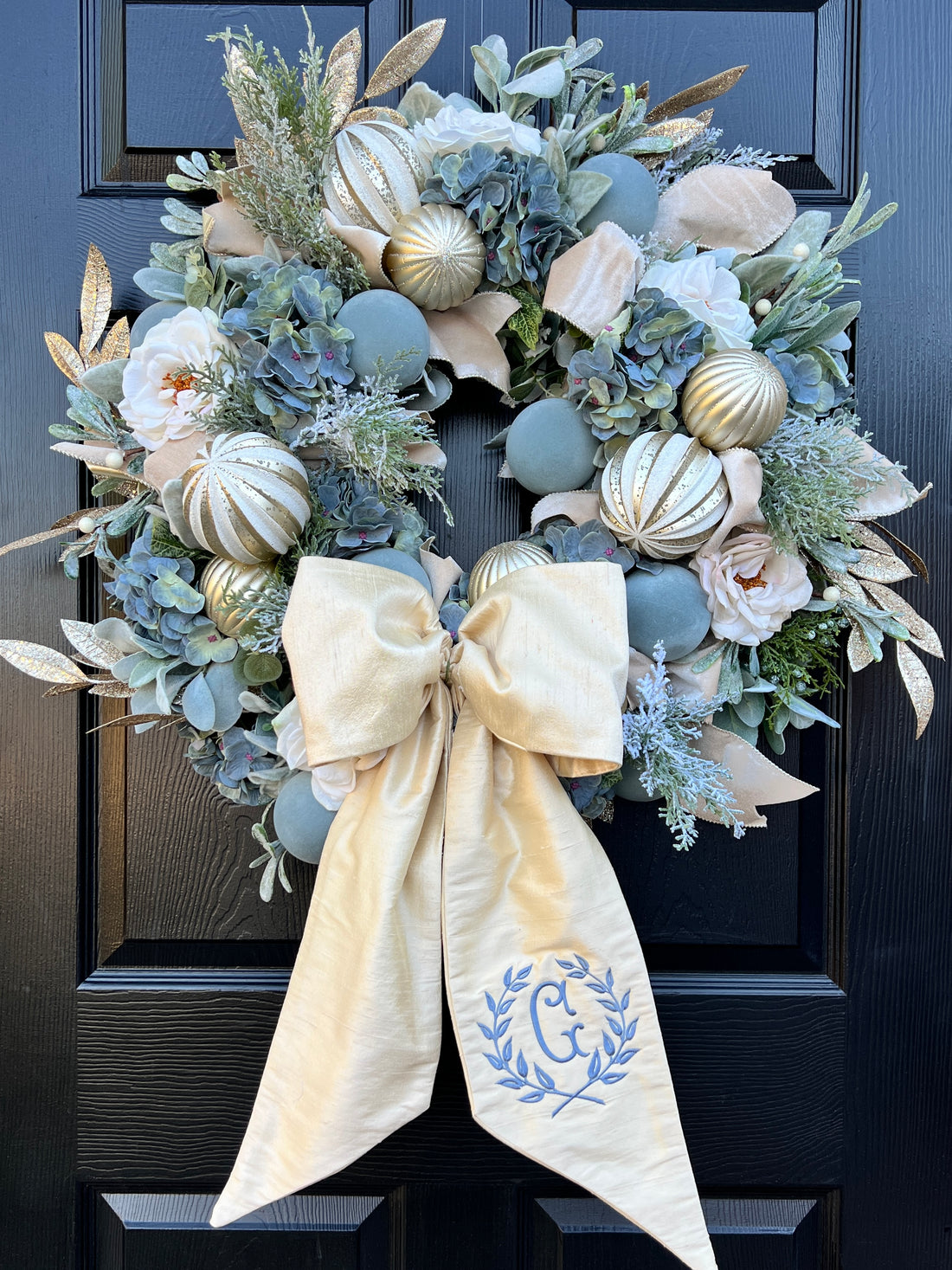 Luxe blue and cream Christmas wreath with optional Alabaster silk monogrammed wreath sash