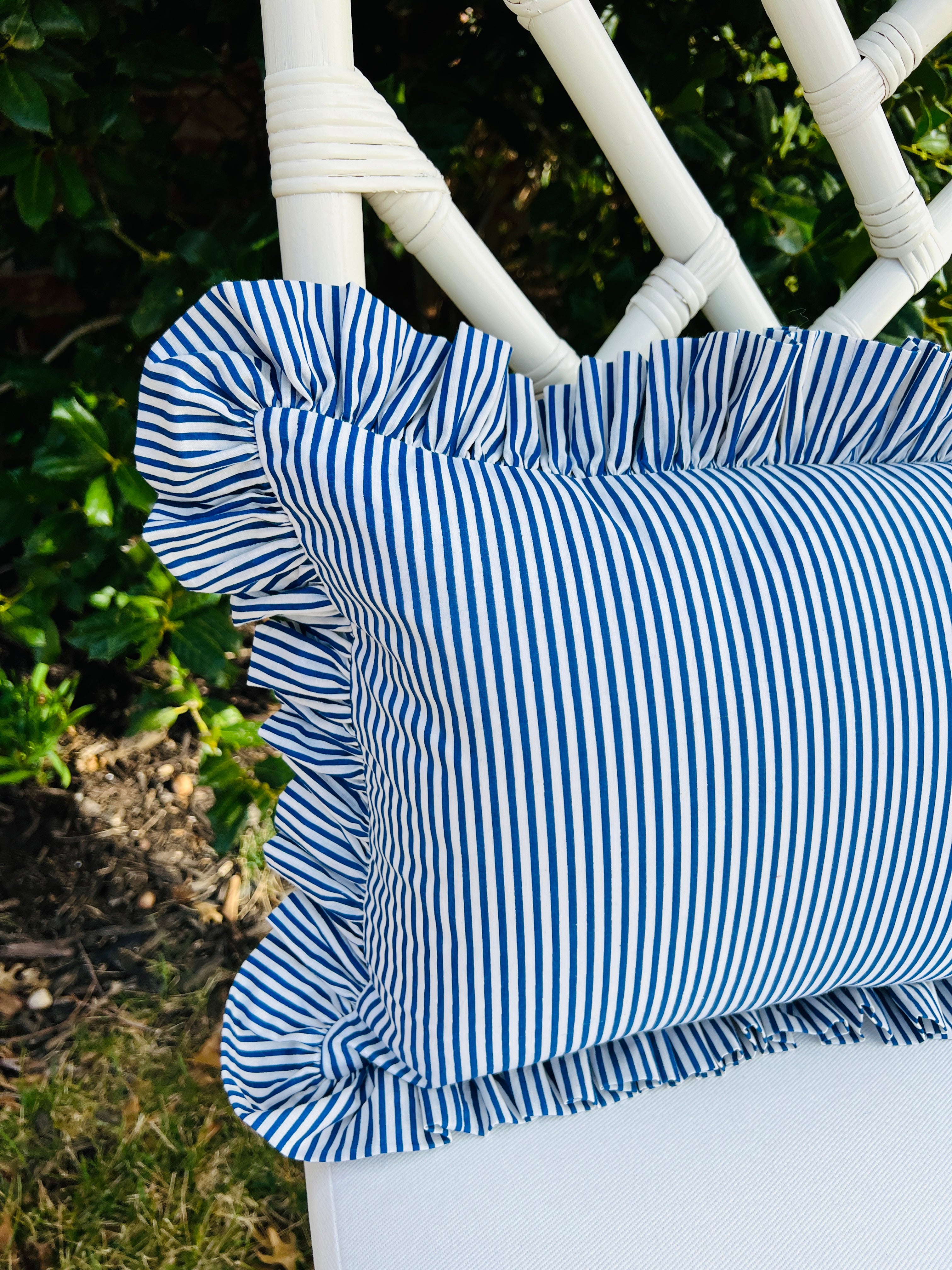 Blue striped ruffle pillow cover, two sizes