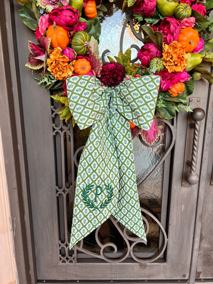Green block print wreath sash