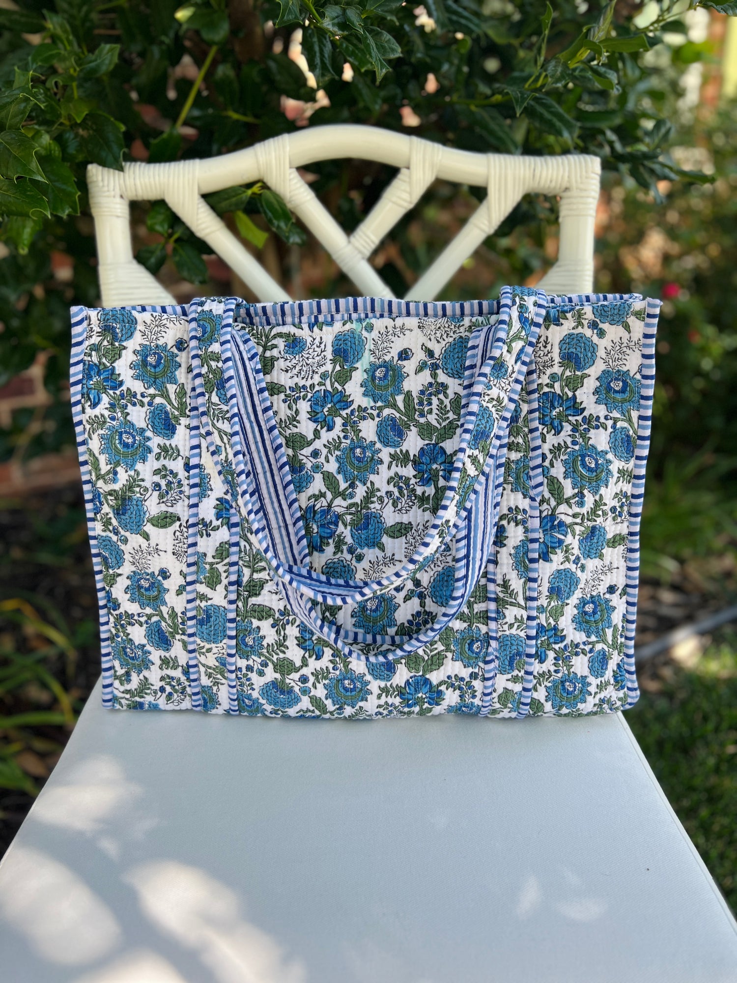 Blue and green block print tote bag monogram available