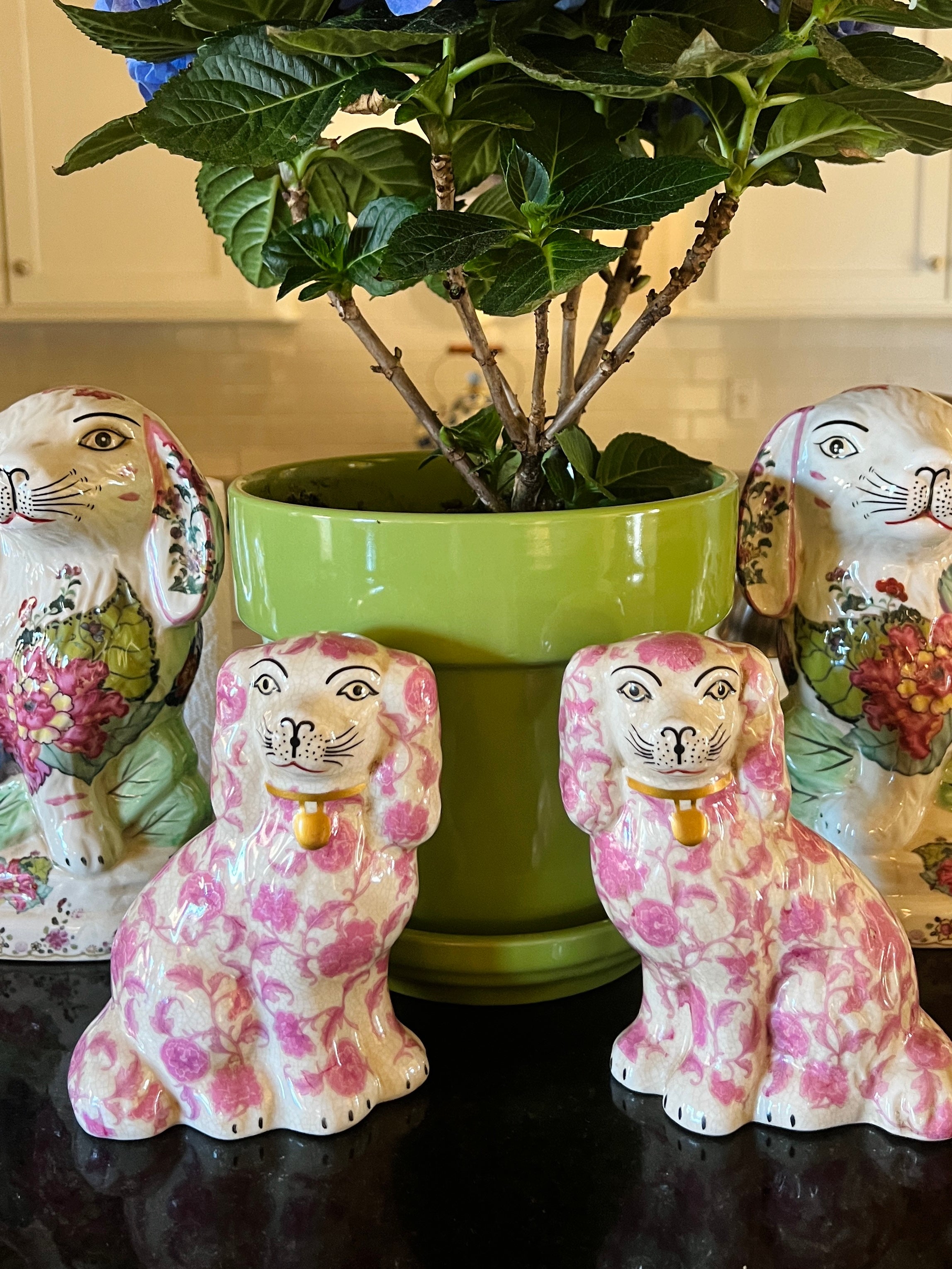 Pink floral Staffordshire dog pair