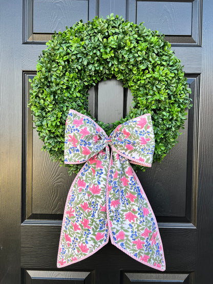 Spring floral wreath sash bow with pink striped piping, monogram available