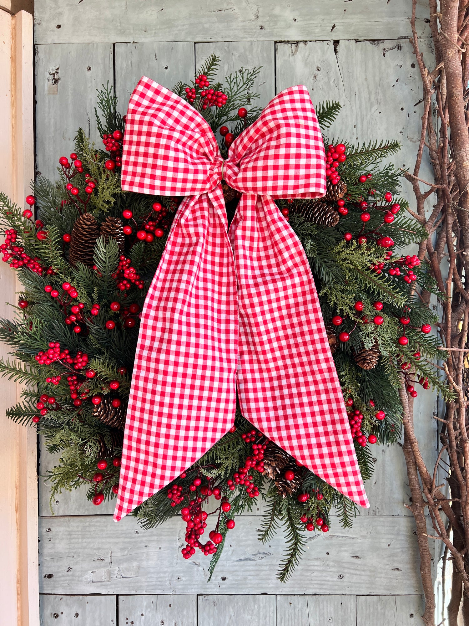 Red and white gingham wreath bow sash custom monogram available