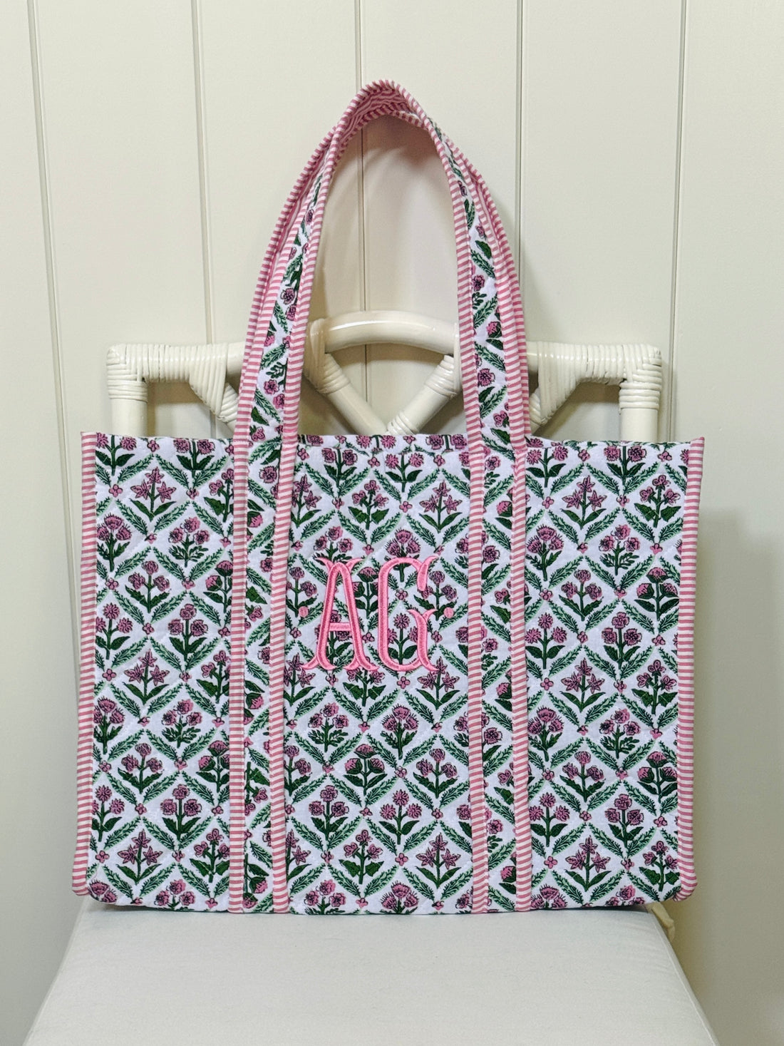 Pink and green quilted block print tote bag monogram available