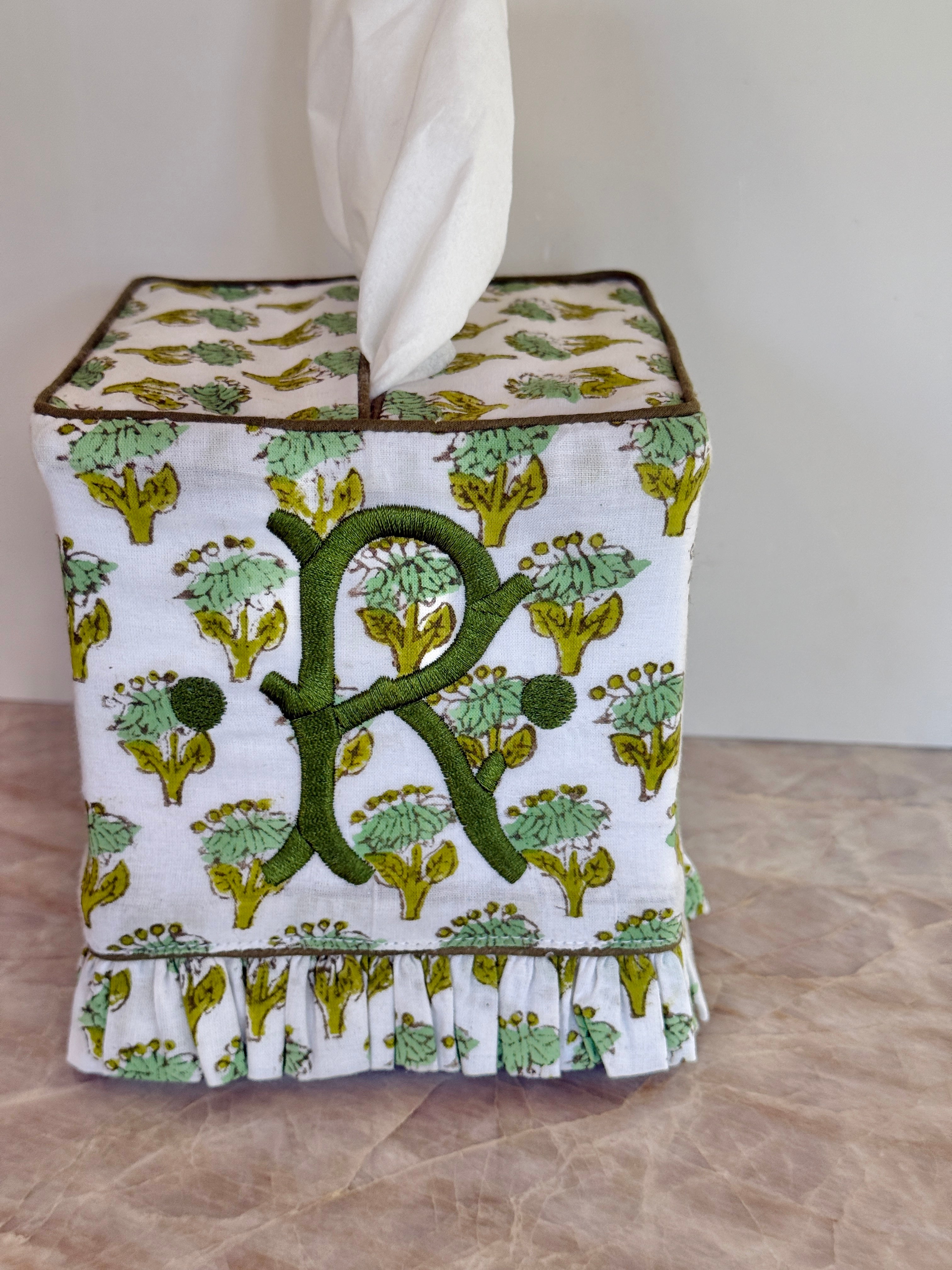 Moss green floral block printed ruffle tissue cover, custom monogram available